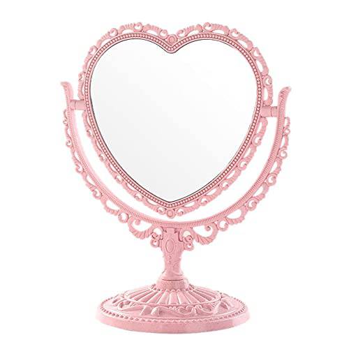 1 PC European-style Desk Mirror Cute Heart- Mirror Double Sided HD Magnifying Dressing Mirror Rotatable Portable Princess Mirror Bedroom Travel Mirror Suitable for Beauty Gifts for Women （pink）