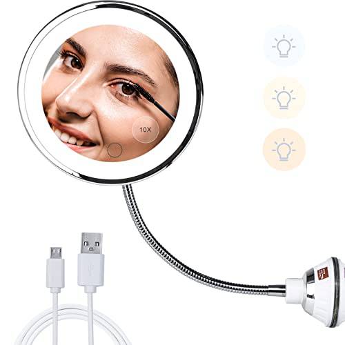 BILEEVO 10X Magnifying Mirror Suction Cup Makeup Mirror with Light Dimmable LED Vanity Mirror Gooseneck with Flexible Gooseneck and Locking Portable Vanity Mirror for Bathroom