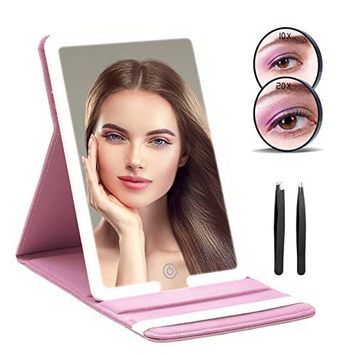 RRtide Travel Makeup Mirror with 3 Adjustable Light Settings, Large 1X Plane Travel Mirror with Light & Detachable 3.5inch 10X 20X Magnifying Mirror, Portable LED Lighted Makeup Mirror of 8*5.5inch