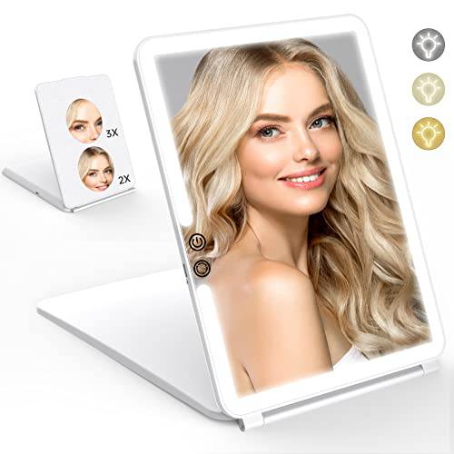 Travel Makeup Mirror with 2X/3X Magnifying Mirror, 7.5W x 10H, Vanity Mirror with 72 LED Lights, Compact LED Mirror, Portable Cosmetic Mirror with 3 Color Lights, Travel Accessories for Women