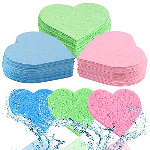 WXJ13 60 Pieces Heart Shaped Compressed Facial Sponge, Reusable Face Cleansing Sponge for Deep Facial Cleansing and Exfoliating Makeup Remover (Green, Pink, Blue)
