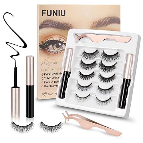 FUNIU Magnetic Eyelashes Natural Looking Self Adhesive Eyelashes - (5 Pairs/ 10 Pcs with 2 Magnetic Eyeliner) Magnetic Eyelashes False Lashes with Magnetic Liquid Eyeliner, Reusable, Wind-proof, Waterproof, Sweat-proof & Feather-light