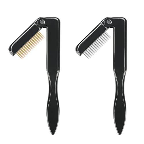 2PCS Folding Eyelash Comb,Eyebrow Comb Metal Teeth, Professional Tool for Define Lash & Brow (Black)