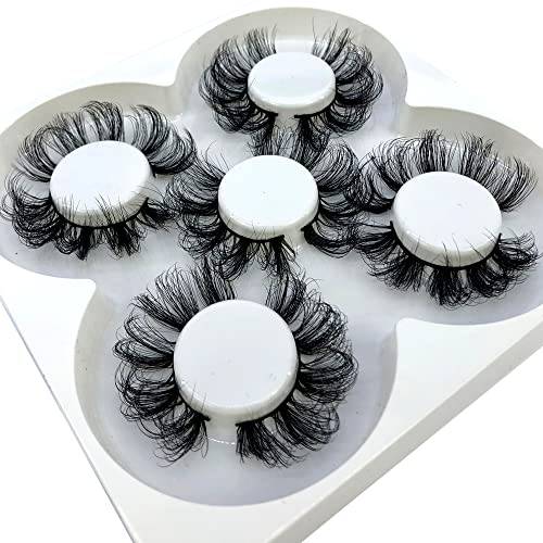 AMSDCN New 5 Pairs 25mm 3D False Eyelashes Thick Dramatic Wispies Fluffy Eyelash Extension Makeup Volume Handmade Faux Mink Lashes (854A)