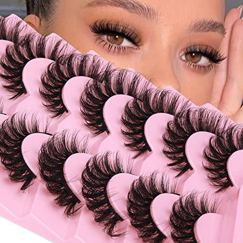 JIMIRE Mink Lashes Fluffy Cat Eye Lashes Wispy 6D Volume False Eyelashes Look Like Extensions Flare Pestañas Thick Crossed Soft Curly Fake Lashes 7 Pairs Pack