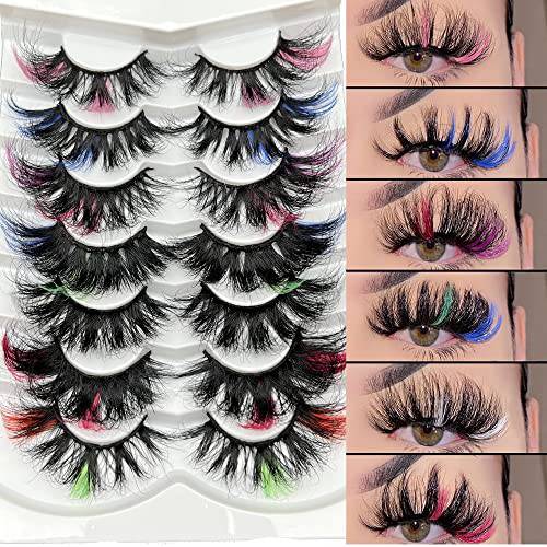 Mikiwi Colored Mink Lashes, 2 Stripes Colors Colorful Eyelashes, 7 Pairs Mix 25mm Real Mink Lashes With Color on end, Fluffy Curly Colored Mink Eyelashes, Colorful Lashes With Red/Pink/Blue/Green/Purple on the end (Pack 2)