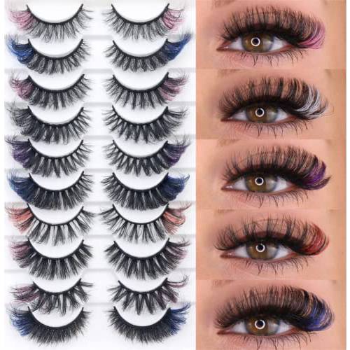IFLOVEDEKD 10 Pairs Colored Lashes Russian Strip Lashes with Color 5 Colors 8 Styles Color Eyelashes Mix Wispy Faux Mink Lashes Fluffy Long False Eyelashes Reusable D Curl Lash Strips