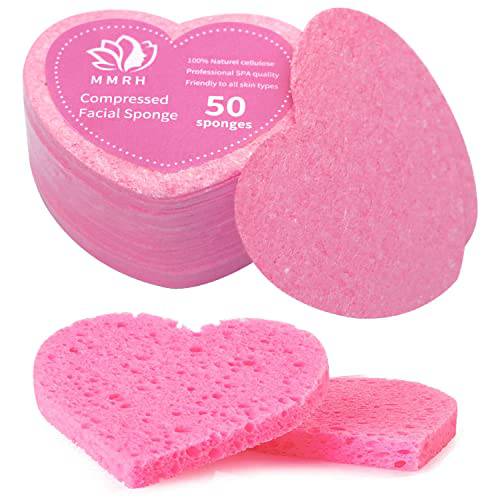 MMRH Facial Sponges Heart Shape Compressed Facial Sponges Natural Facial Cleansing Sponges Pads Exfoliating Sponges for Cleansing Reusable 50 Pieces (Pink)