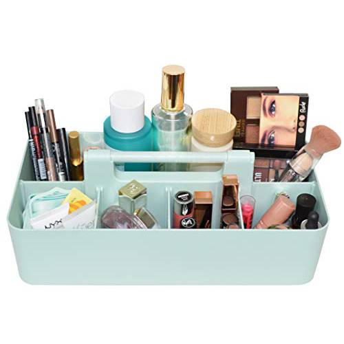 New Plastic Portable Makeup Organizer Caddy Tote Divided Basket Bin with Handle, for Bathroom Storage - Holds Blush Makeup Brushes, Eyeshadow Palette, Lipstick - Extra Large Made In USA (Mint)