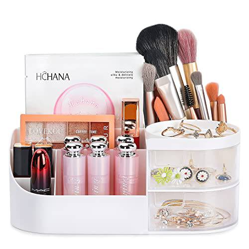 Makeup Organizer With Drawers,ONXE Small Vanity Bathroom Cosmetic Storage for Brushes, Eyeshadow, Lotions, Lipstick, Nail Polish and Jewelry (White)