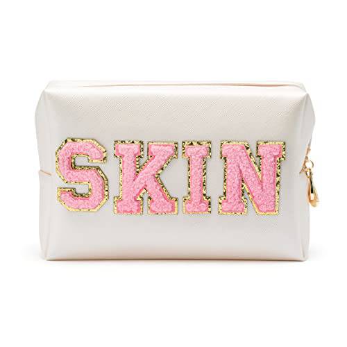 Y1tvei Preppy Patch SKIN Varsity Letter Cosmetic Toiletry Bag PU Leather Portable Makeup Bag Zipper Pouch Storage Purse Waterproof Organizer Gift for Women Teen Girls Daily Travel Use (Shell Gold)