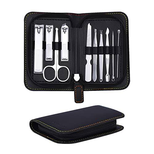 FIXBODY Nail Clippers Set, Professional Manicure set and Pedicure Kit, 10 Pieces Nail Care Kit, Toenail Clippers with Black Leather Case, Christmas Gift Stocking Stuffers for Men and Women
