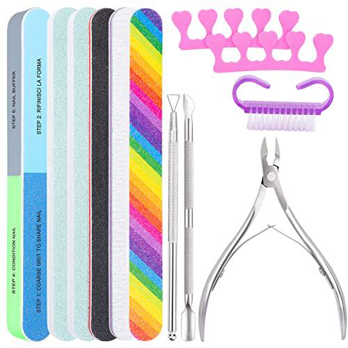 MELLIEX Nail File and Buffer, Manicure Kit Cuticle Trimmer Nippers Pusher with Nail Brush Toe Separator Nail Care Set for Natural Acrylic Nails, 12-Pack(Multi-Colored)