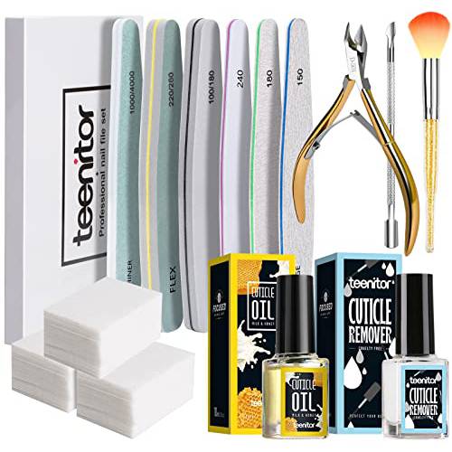 Teenitor Nail and Cuticle Care Tools kit with Cuticle Remover, Nail Files Buffer, Cuticle Nail Clipper, Cuticle Peeler Scraper Pusher and Cutter,Cuticle Oil and Nail Clean Cotton Pad