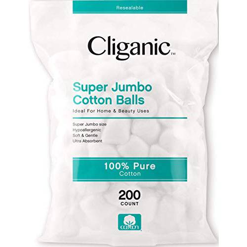 Cliganic Super Jumbo Cotton Balls (200 Count) - Hypoallergenic, Absorbent, Large Size, 100% Pure