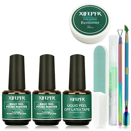 XIFEPFR Gel Nail Polish Remover Kit - 2 Pack Gel Polish Remover with Latex Tape Peel Off Liquid & Manicure Tools, 2-5 Minutes Professional Quick Remove Gel Nail Polish, No Soaking or Wrapping