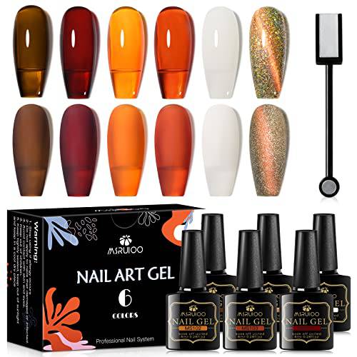MSRUIOO Jelly Crystal Gel Nail Polish Translucent Tortoise Shell Nails Red Coral Caramel Orange Amber Brown Grey Fall Colors and Cat Eye Gel Polish Soak Off UV LED Manicure Art 6 Colors Gift Box