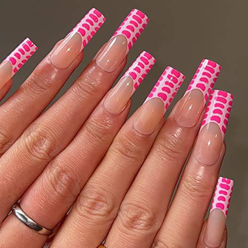 MISUD Square Press on Nails Long Fake Nails French Tip False Nails with Glue Pink Glossy Squoval Acrylic Nails Full Cover Artificial UV Gel Nails
