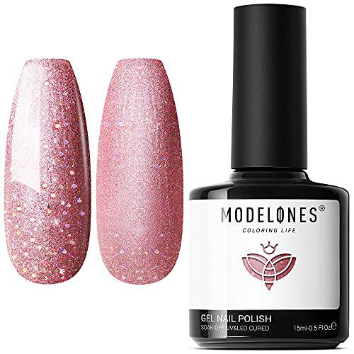 modelones Gel Polish, 15ML Rose Pink Glitter Gel Polish Soak Off LED Holiday Color Gel Professional Salon Manicure Home DIY, 0.5 Fl Ounce