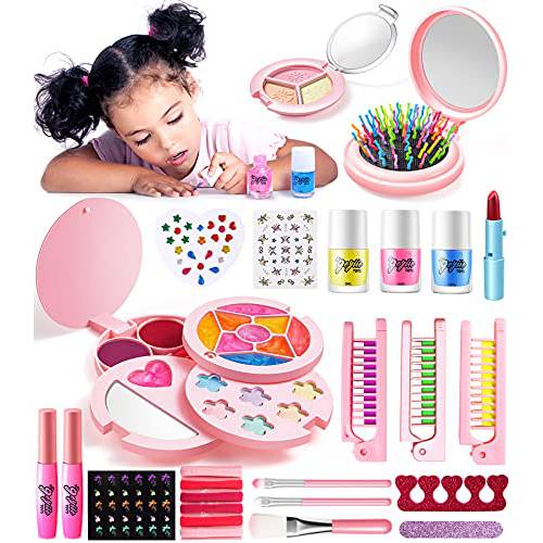 Geyiie Real Makeup Set, Makeup Toy,Girls Makeup Kit with Hair Chalks,Lipstick,Nail Polish,Pretend Makeup Kit for Girls Aged 3 4 5 6 7 8 Halloween Christmas Birthday Gift