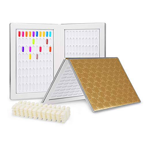 Nail Color Display Book,Anself 160 Colors Nail Polish Colors Chart With 240pcs Nail Tips Nail Polish Gel Color Card Board Nail Salon Tools(Golden)