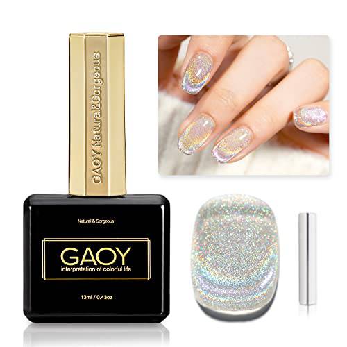 GAOY Cat Eye Gel Nail Polish, Glitter Holographic Nail Polish with Magnet, 13ml Rainbow Reflective Translucent UV Gel for Nail Art, Silver