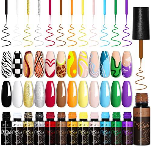 LILYCUTE Gel Liner Nail Art Polish Set-12 Colors Gel Paint for Nails Art with Thin Nail Art Brush in Bottle,Soak off Black White Red Glitter Silver Nail Art Polish Set for Gel Art Paint Nail Design,DIY Drawing Gel Liner Polish Gifts for Girls Women