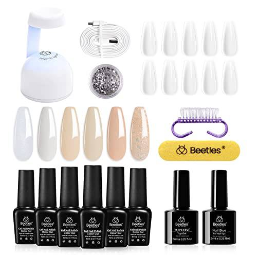 Beetles Gel Nail Polish Kit with U V Light Easy Nail Extension Set, 6 Nude Colors Gel Polish and 2 In 1 Base Gel Nail Glue and Top Coat Starter Kit with Coffin Nails Thanksgiving Christmas Gift