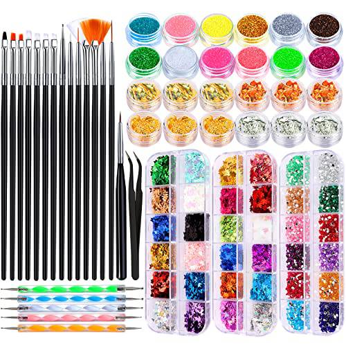 Nail Art Brush, Teenitor Nail Art Kit with Nail Brush Pen Dotting Tools Holographic Butterfly Nail Sequins Fine Glitter Decorations Foil Flakes and Multi-Color Nails Rhinestones Nail Tweezers
