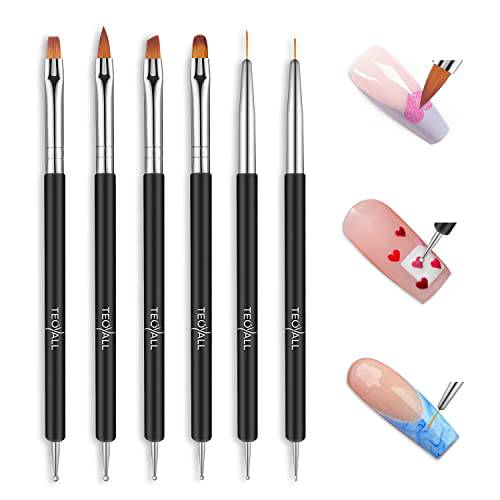 TEOYALL Nail Art Brushes, 6 PCS Double Ended Nail Design Tools with Builder Gel Painting Brushes, Nail Liner Brushes, 6 Size Dotting Pens