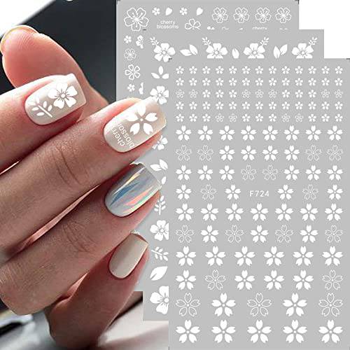 White Flowers Nail Art Stickers Decals, 3D Self-Adhesive Spring Cherry Blossoms Floral Nail Stickers for Women Girls Acrylic Nail Decoration 4 Sheets