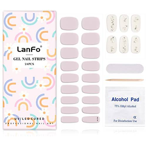 LanFo Semi Cured Gel Nail Strips, 24 Nude Gel Nail Stickers Full Nail Wraps Real Nail Polish Waterproof Long Lasting Easy to Apply & Remove, Gel Nail Wraps French Manicure for Women