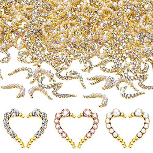 90 Pcs 3D Heart Nail Charms Gold Alloy Heart Charms for Nails Artificial Pearl Heart Shape Nail Rhinestones Gems Christmas Decoration 45 Pairs Nail Beauty Art Craft Accessories for Women DIY, 3 Styles