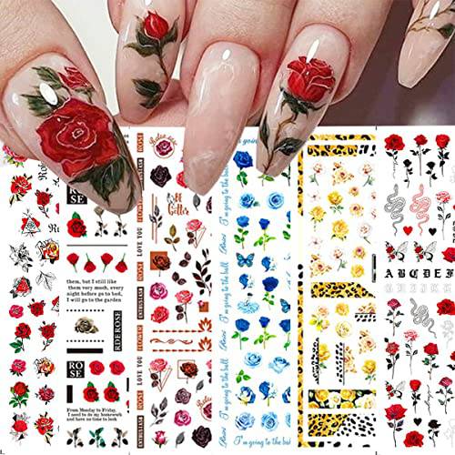 Flower Nail Stickers 3D Rose Floral Nail Art Stickers Decals 6PCS Spring Blue Red Rose Butterfly Letter Design Adhesive Manicure Nail Decals Transfer Slider Nails Accessories for Women DIY Nail Art