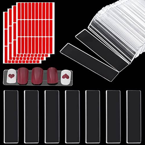 100 PCS Transparent Press On Nail Holder with 120 PCS Cut-free Removable Double Side Tape (7M), Acrylic Nail Display Stand Holder Nail Packaging Boxes for Nail Salon Home Office Supply