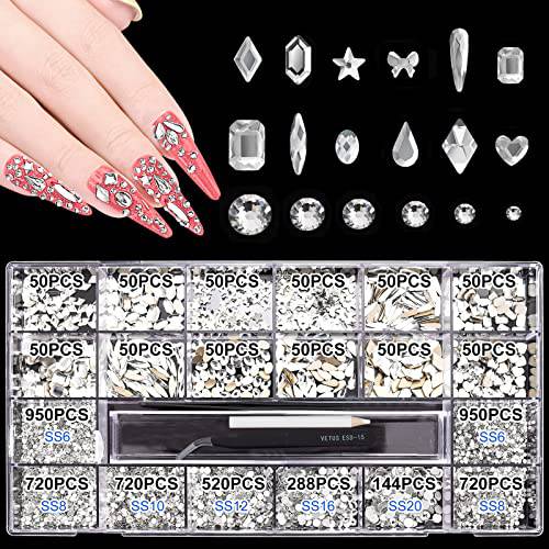 5636Pcs White Crystal Nail Rhinestones Set, Multi-Shape 3D Diamond Glass Crystal Flat Bottom, for Nail Art DIY Crafts Phones Clothes Jewelry Bag Decoration, Professional Drill Pen and Tweezers