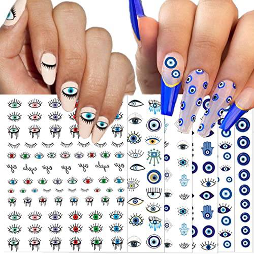 14 Sheets Evil Eye Nail Stickers, 3D Turkish Blue Eye Design Nail Art Decals, Self Adhesive Hamsa Hand of Fatima Manicure Decorations