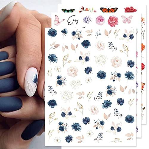 Flower Nail Stickers Daisy Floral Nail Decals 6 Sheets Colorful Cherry Blossom Nail Art Stickers 3D Self-Adhesive Nail Art Supplies Summer Flowers Butterflies Leaves Nail Stickers for Acrylic Nails