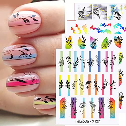 8 Sheets Geometric Nail Art Stickers Decals Whitle Black Nail Decals Palms Leaves Self Adhesive Nail Art Supplies for Nail Decoration Summer Beach Nail Stickers for Women Manicure DIY Design