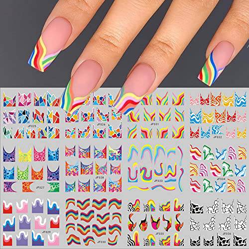 French Swirl Nail Art Stickers Decals Nail Decorations Geometric Swirls Heart Nail Designs Black Colorful Water Transfer Sliders French Manicure Guide Full Cover Wraps 12 Sheets (Multi-Color)