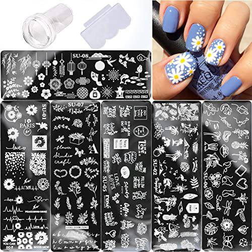 6 Pcs Nail Stamping Plates， with 1 Nail Stamper 1 Scraper Nail Stamp Template Chrysanthemum Coconut Tree Leaf Nail Art Templates Nail Stamper Stencil Plates Set Manicure Nail Supplies
