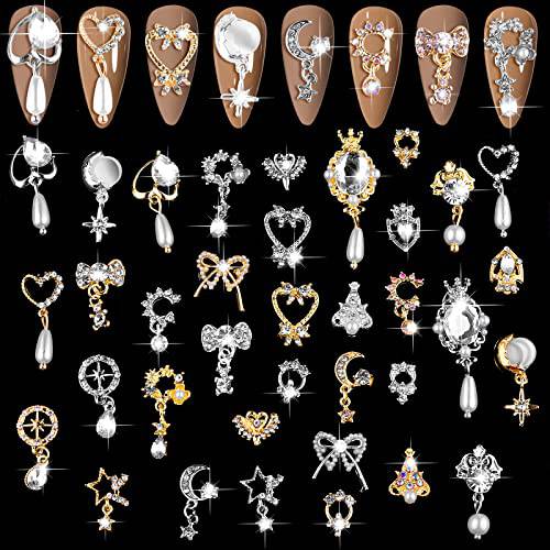 36 Pcs Luxury Nail Art Rhinestone, EBANKU 3D Shiny Nail Art Charms Diamonds Metal Nail Jewelry Nail Beauty Design Charms Gold Silver Heart Pearl Crystal Gems for Girl Women DIY Nail Design