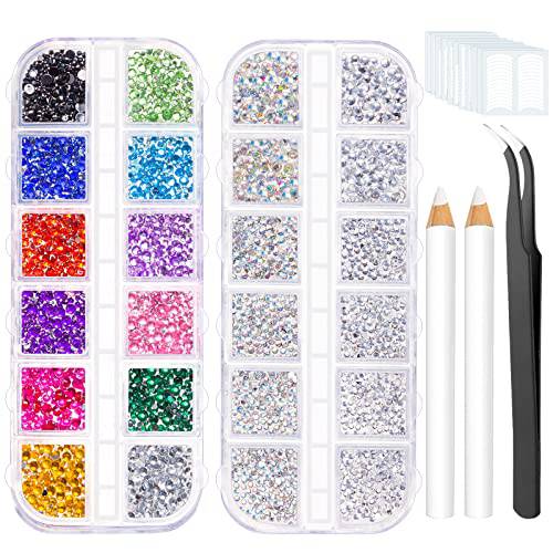 MELLIEX 2 Pack of Nail Rhinestones, Colorful Nail Gems Jewels Multi Sizes Crystals Flat Back Rhinestones for Nail Art and Craft with 12 Sheet French Nail Stickers Tweezers Picker Pencil