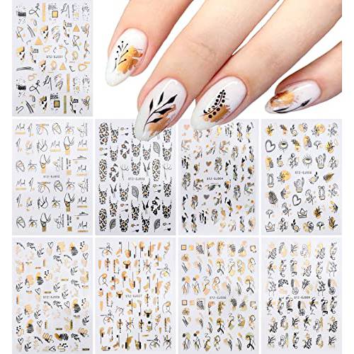 Black Gold Graffiti Nail Art Stickers 3D Luxury Laser Abstract Fun Geometric Lines Face Leaves Flower Leopard Print Nail Decals for Women Girls Self-Adhesive DIY Acrylic Nail Art Designs (9 Sheets)