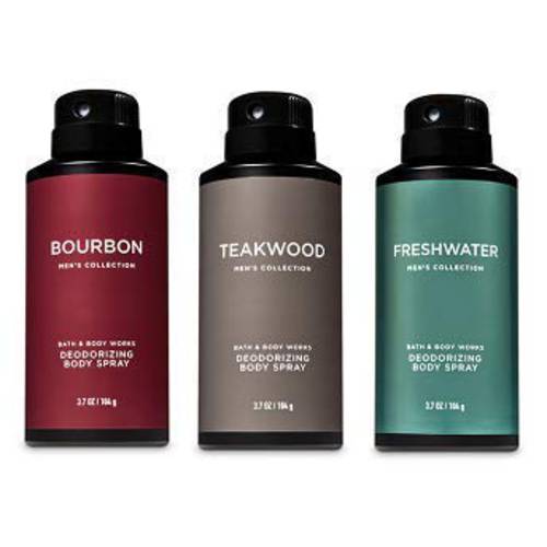 Bath and Body Works 3 Pack Deodorizing Body Spray. Bourbon, Teakwood and Freshwater. 8 Oz.