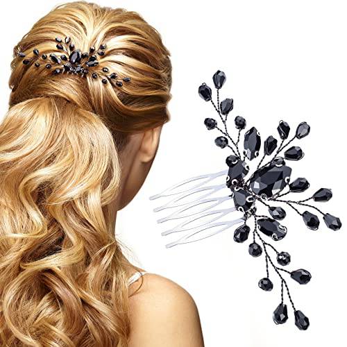 PAGOW Black TearHair Comb, Vintage Rhinestone Crystal Onyx Small Headpiece, Bridal Side Combs Handband Accessories for Women and Girls ( 4.86 x 2.56 inch)