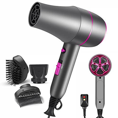 AirOpen Professional Hair Blow Dryer - 1800W Compact Ionic Blow Dryer with Comb, Constant Temperature Hair Care Fast Drying with Brush Nozzle Attachments for Woman Home Salon Travel, Grey
