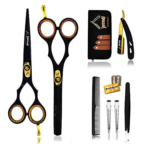 Jecudi Professional Hair Cutting Scissors Set - Handmade Japanese Stainless Steel , includes Barber Scissors , Hair Shears, Tweezers, Razor, 10 Blades, Comb, 2 Hair Clips & Cleaning Cloth.