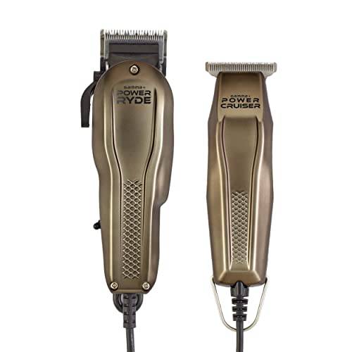 GAMMA+ Men’s Professional Corded Power Ryde Hair Clipper and Power Cruiser Hair Trimmer Combo Set, Magnetic Motor, Adjustable Zero Gap, Guards, 10 FT Cord, Japanese Stainless-Steel Blade