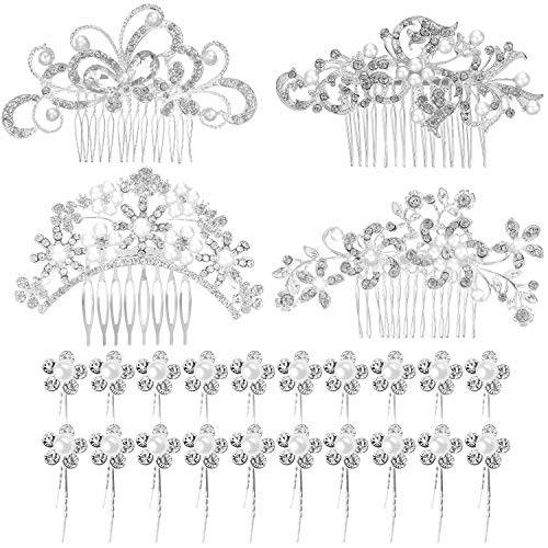 24 Pieces Wedding Bridal Hair Combs Crystal Pearl Rhinestone Hair clips Side Hair Accessories and U-shaped Pearl Hair Pins for Brides and Bridesmaids